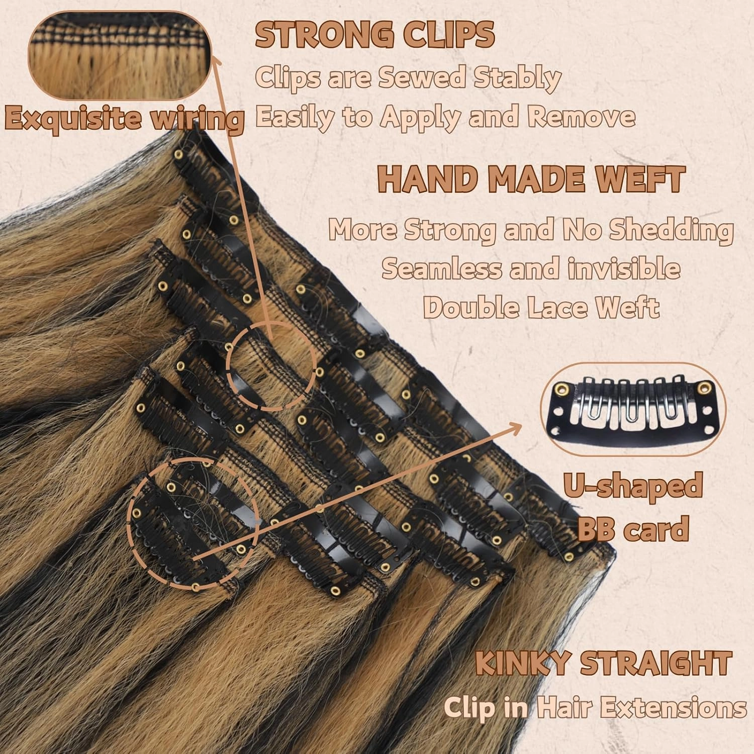 Kinky Straight Clip in Hair Extensions 18 Inch for Black Women 135g Full Head Yaki Straight Seamless Clip in Synthetic Hair （1B/27# 18 Inch 7Pcs）