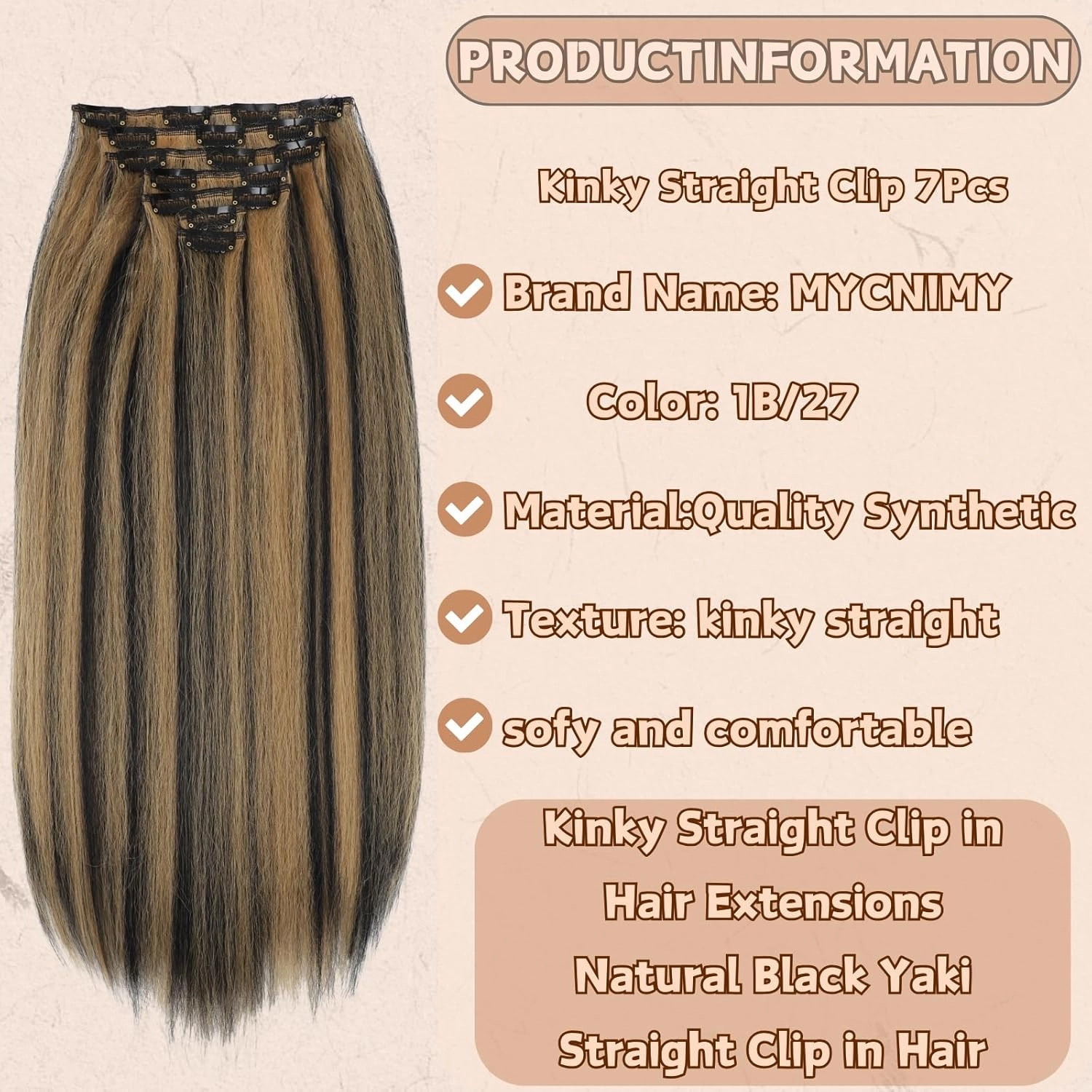 Kinky Straight Clip in Hair Extensions 18 Inch for Black Women 135g Full Head Yaki Straight Seamless Clip in Synthetic Hair （1B/27# 18 Inch 7Pcs）