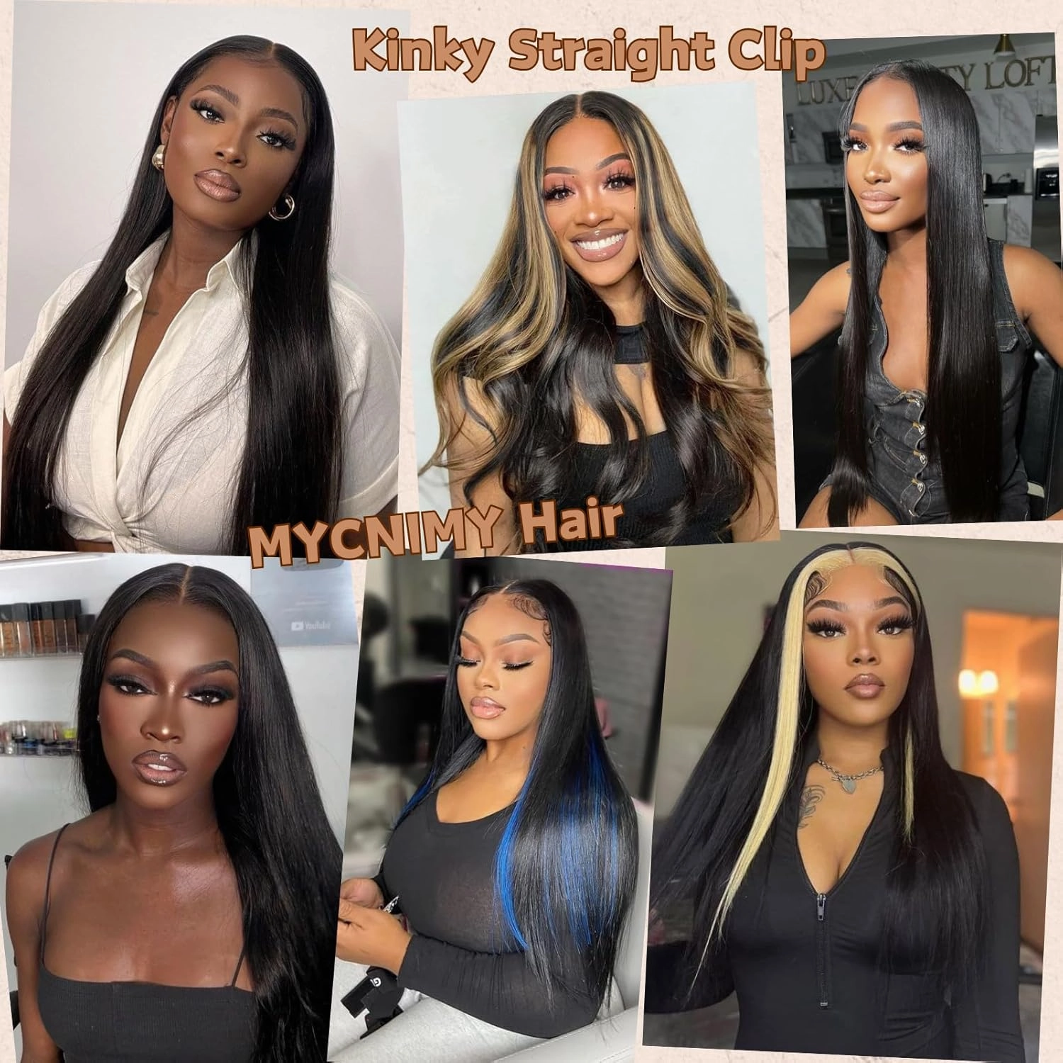 Kinky Straight Clip in Hair Extensions 18 Inch for Black Women 135g Full Head Yaki Straight Seamless Clip in Synthetic Hair （1B/27# 18 Inch 7Pcs）