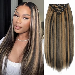 Kinky Straight Clip in Hair Extensions 18 Inch for Black Women 135g Full Head Yaki Straight Seamless Clip in Synthetic Hair （1B/27# 18 Inch 7Pcs）