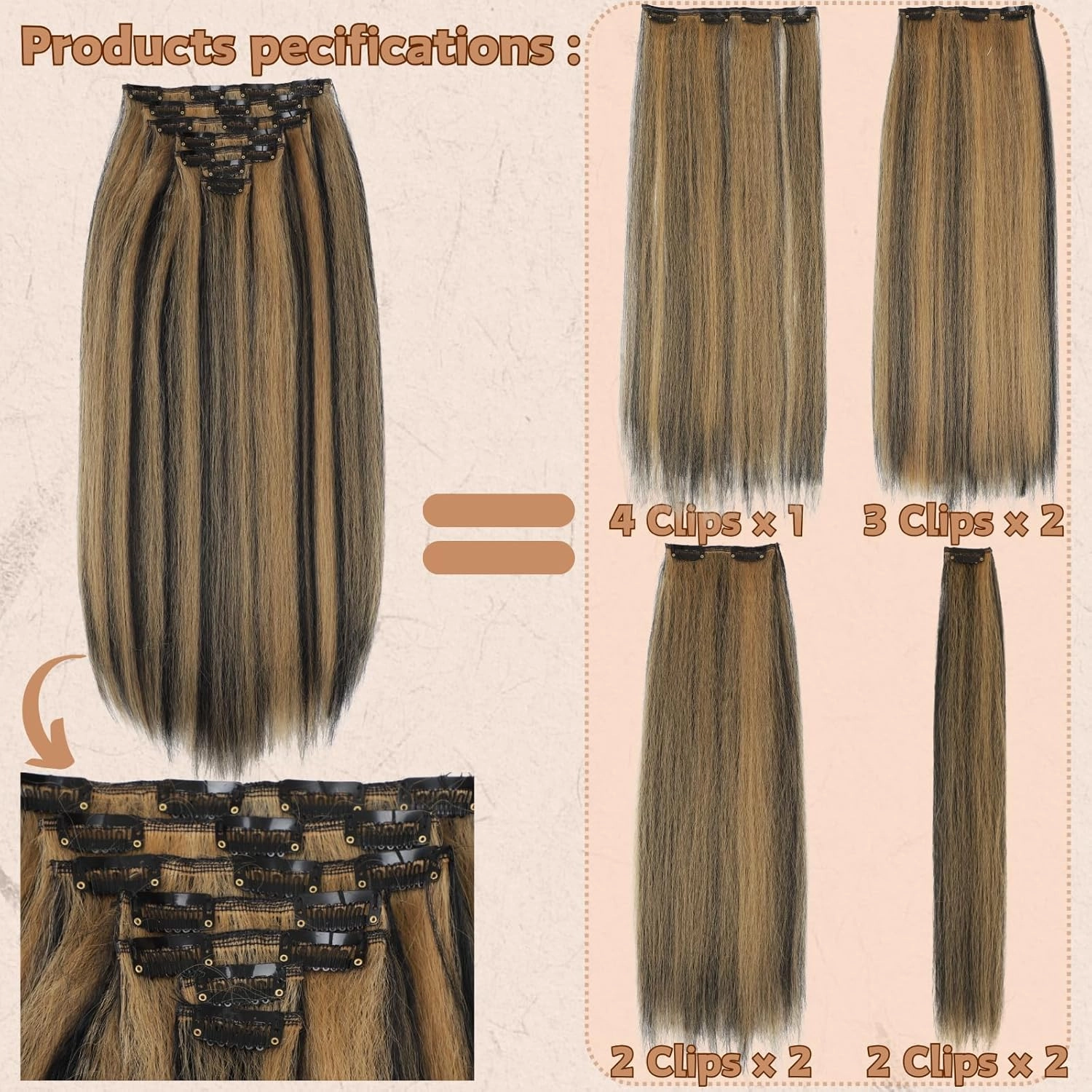 Kinky Straight Clip in Hair Extensions 18 Inch for Black Women 135g Full Head Yaki Straight Seamless Clip in Synthetic Hair （1B/27# 18 Inch 7Pcs）