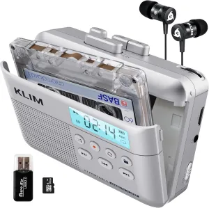 KLIM K7 Cassette Tape Player - Cassette to MP3 Converter - Portable - Built-in Microphone & Speaker - Rechargeable Battery - Earphones - 16GB SD Card - Silver