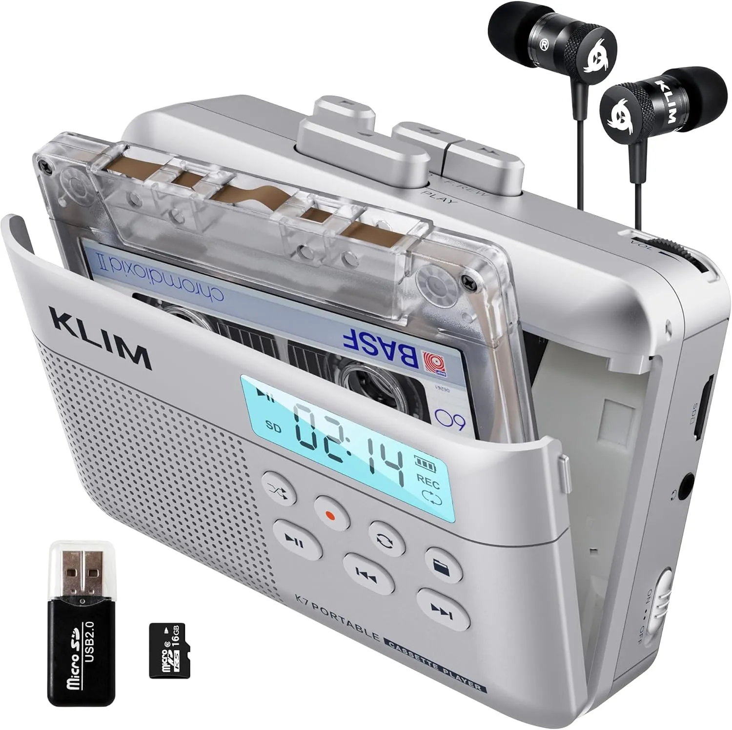 KLIM K7 Cassette Tape Player - Cassette to MP3 Converter - Portable - Built-in Microphone & Speaker - Rechargeable Battery - Earphones - 16GB SD Card - Silver