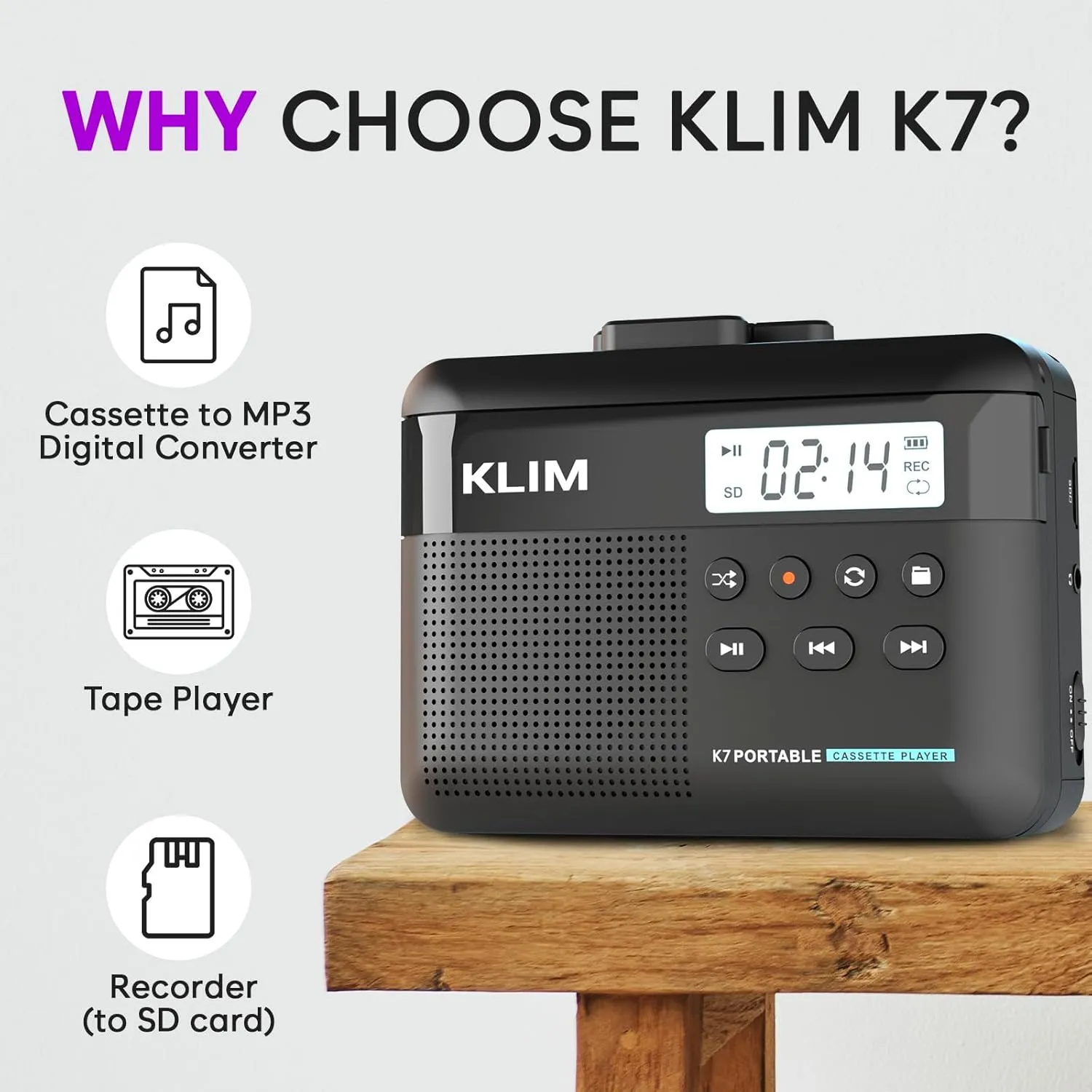 KLIM K7 Cassette Tape Player   Cassette to MP3 Converter   Portable Cassette Player   Walkman Cassette Player   Built-in Microphone & Speaker   Rechargeable Battery   Earphones   16GB SD Card