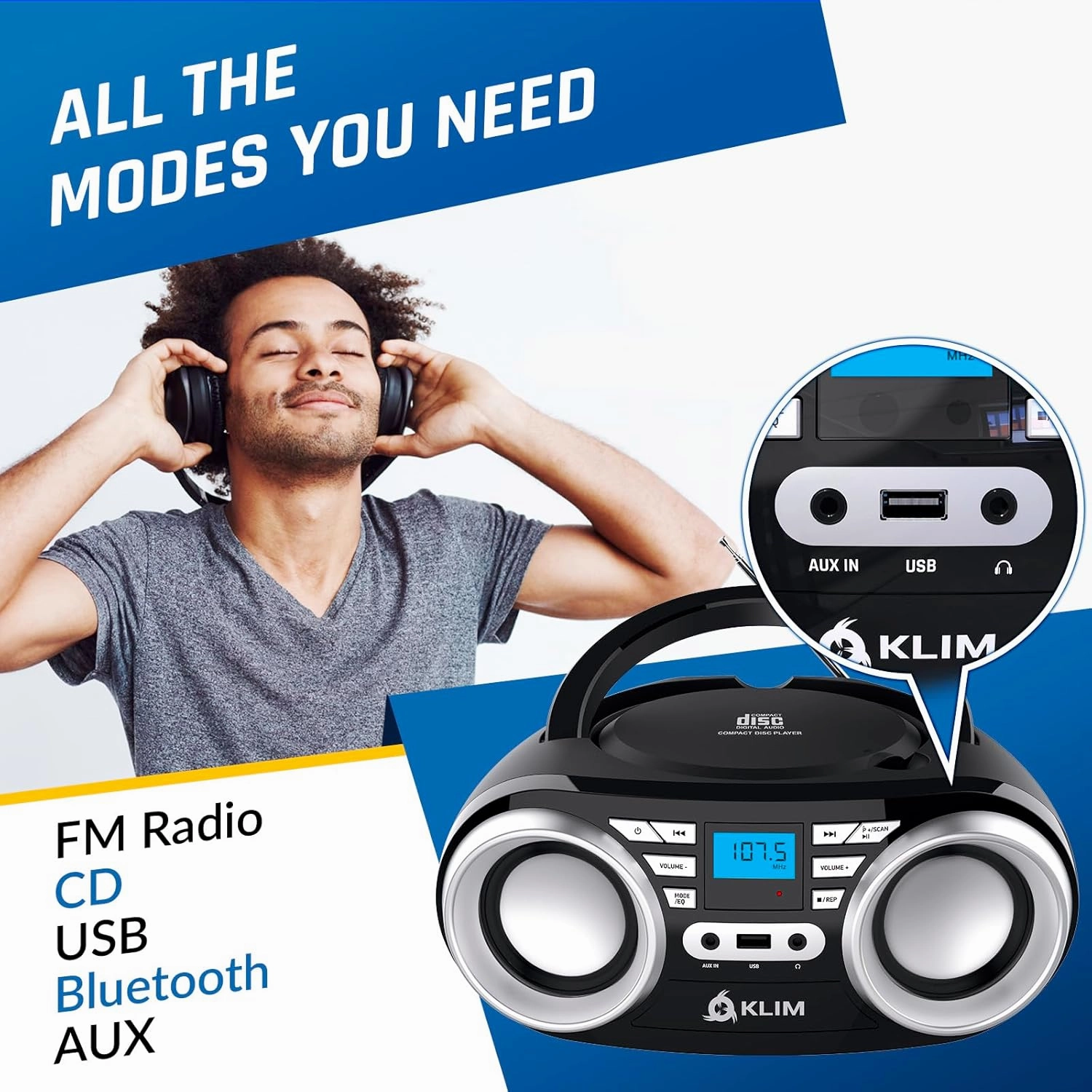 KLIM B3 Portable CD Player Boombox with FM Radio, Bluetooth, USB, AUX, and FM Radio Dual Speakers, EQ Sound Effects, 20 Preset Stations, Compact and Lightweight