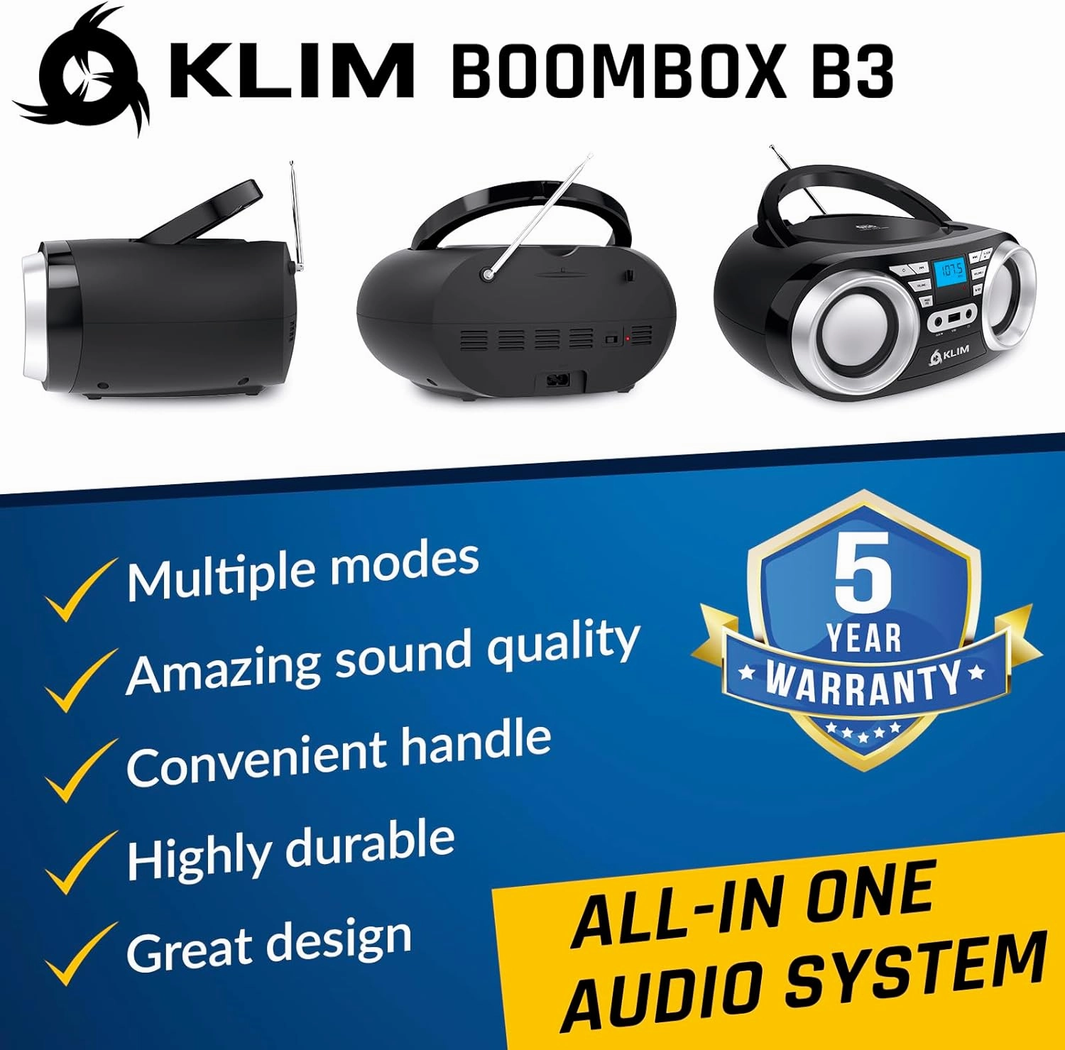 KLIM B3 Portable CD Player Boombox with FM Radio, Bluetooth, USB, AUX, and FM Radio Dual Speakers, EQ Sound Effects, 20 Preset Stations, Compact and Lightweight