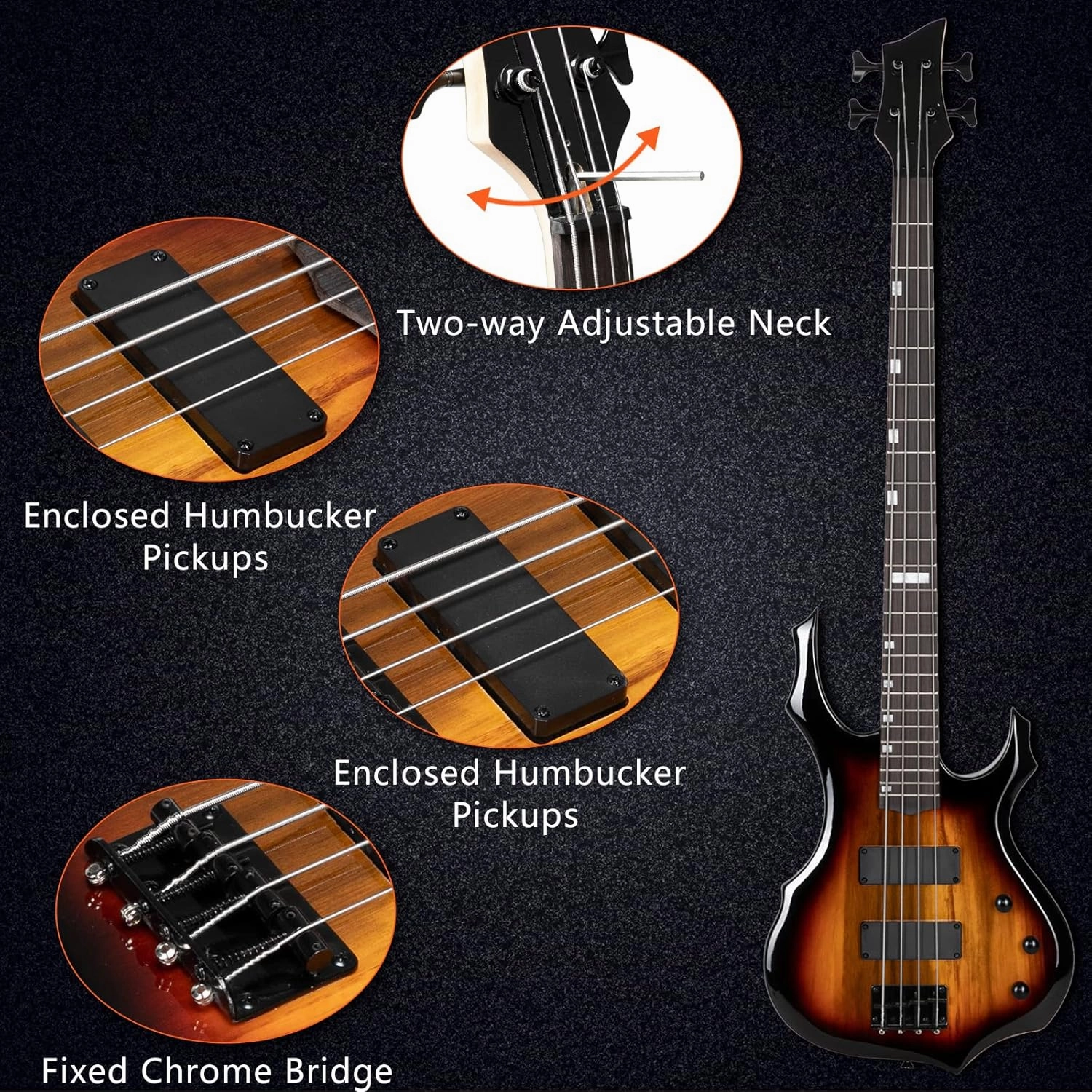 Ktaxon Electric Bass Guitar Full Size Flame Design Bass Set with 20 Watt Amplifier, Portable Bass Bag, Superior Amp Wire, Adjustable Guitar Strap, Plectrum, Wrench Tool(Sunset)