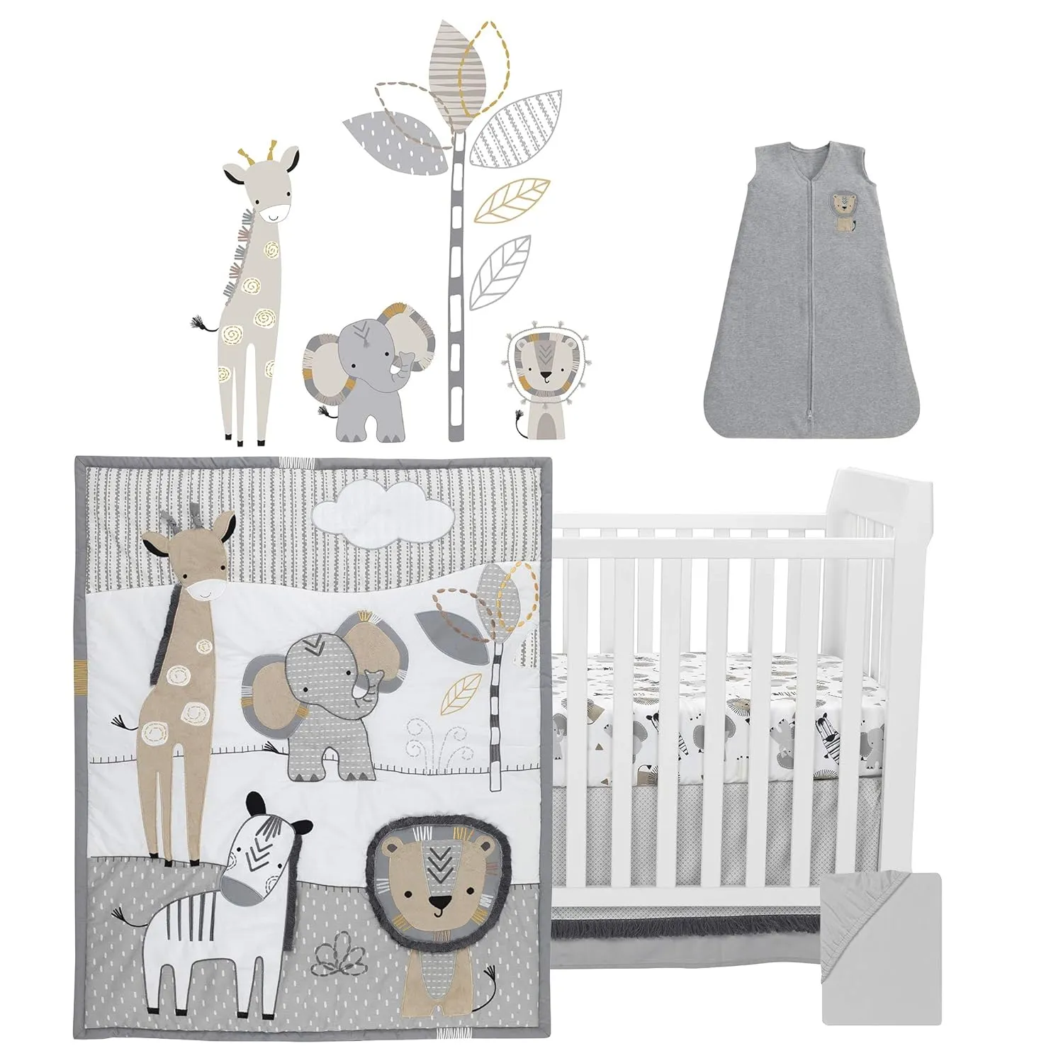 Lambs & Ivy Jungle Safari Gray/Tan/White Nursery 6-Piece Baby Crib Bedding Set