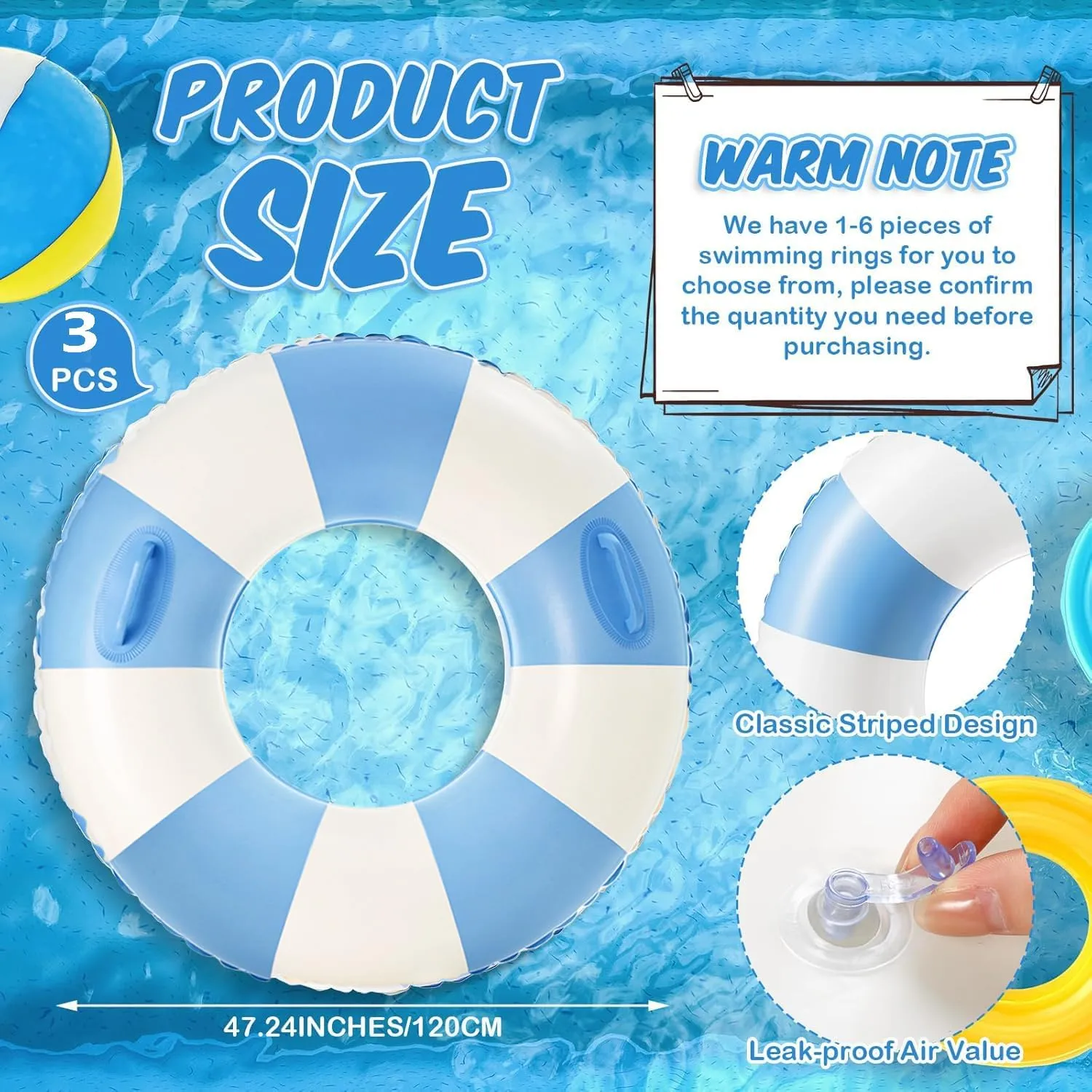Large Swim Ring with Handles for Adults,43 Inch Classic Striped Pool Inner Tubes,Inflatable Pool Floats,Pool Floaties Adult Size for Summer Pool Party Beach