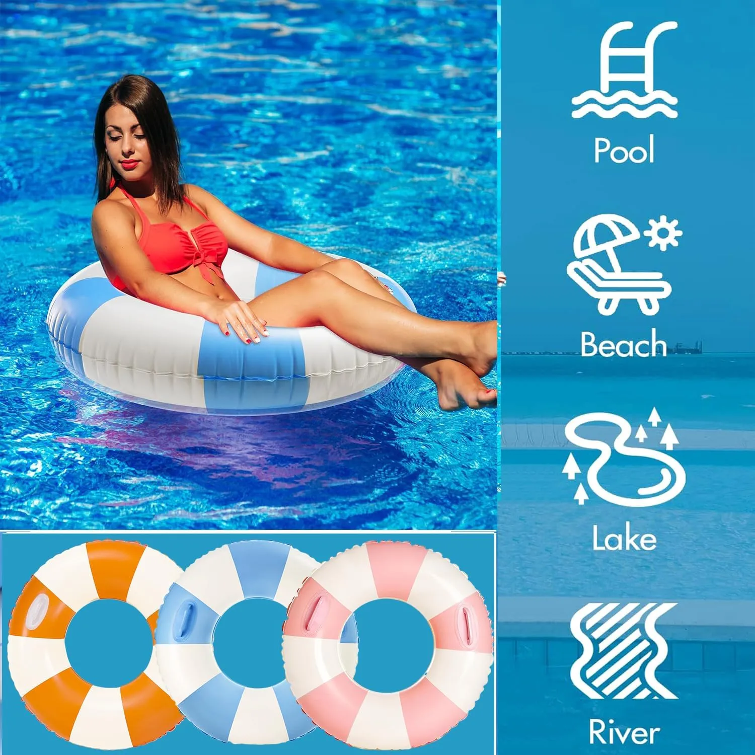 Large Swim Ring with Handles for Adults,43 Inch Classic Striped Pool Inner Tubes,Inflatable Pool Floats,Pool Floaties Adult Size for Summer Pool Party Beach