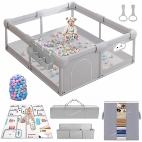 Large Baby Playpen with Mat, 71"×59" Playpen for Babies and Toddlers, Big Playpen with Storage Bag, Ocean Balls, Playard Gym for Babies, Activity Center, Kids Fence Light Gray, Indoor & Outdoor