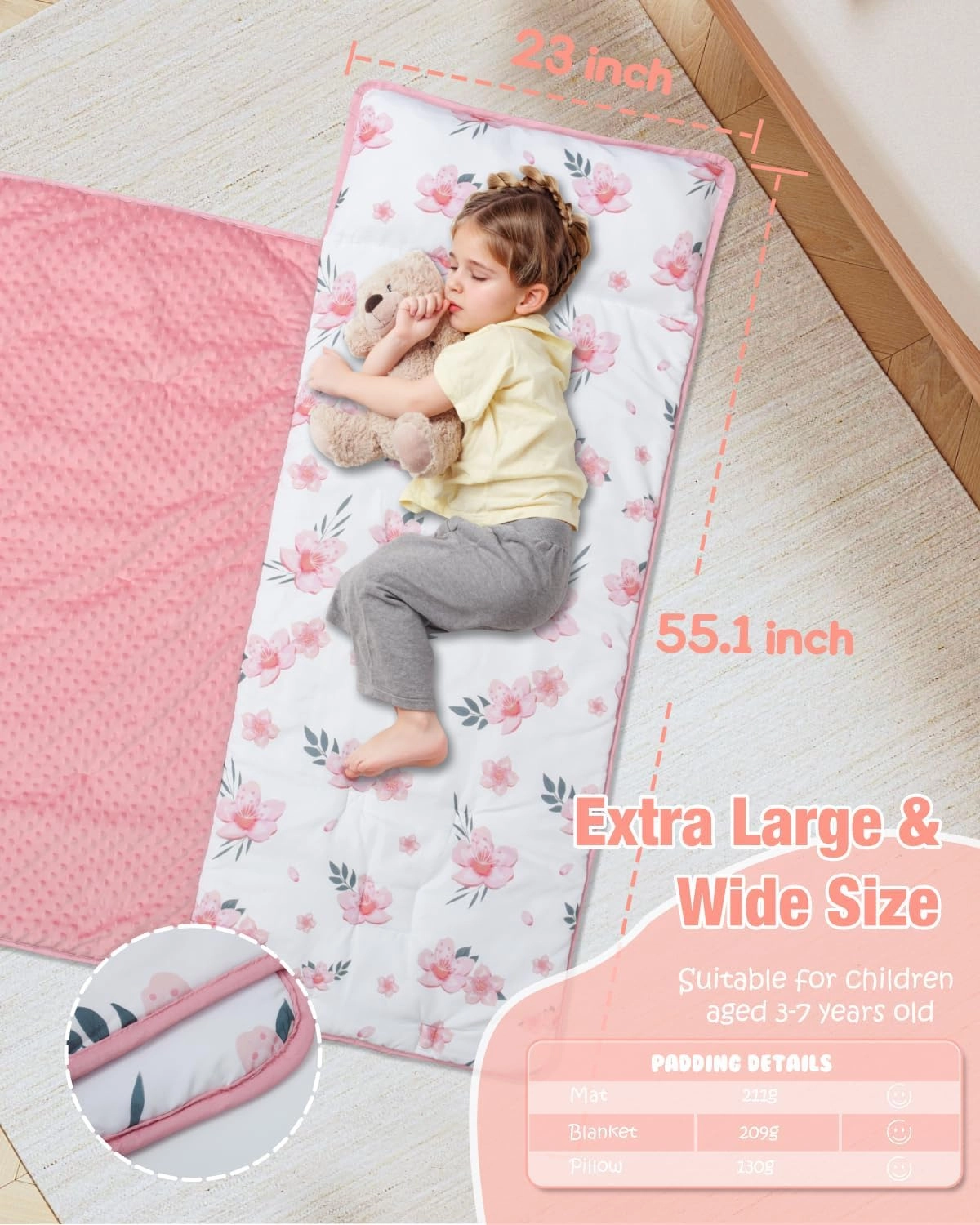 Largest Toddler Nap Mat with Pillow & Blanket, 55.1''x 23'' Soft Toddler Sleeping Mat Roll Up Portable Nap Mats for Preschool, Daycare Kids Nap Mat, Slumber Bags for Boys Girls