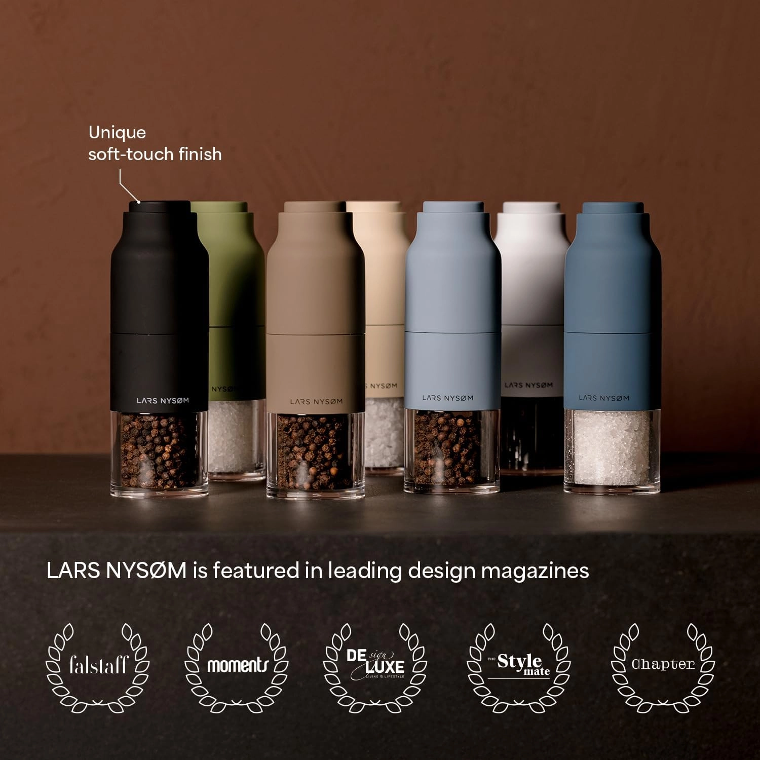 LARS NYSØM Salt and Pepper Grinder Set Stainless Steel with Adjustable Grinder I Bottle Design Spice Mills Set Manual (Brown/Beige)
