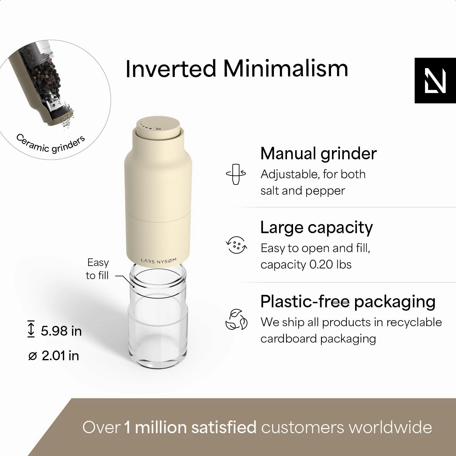 LARS NYSØM Salt and Pepper Grinder Set Stainless Steel with Adjustable Grinder I Bottle Design Spice Mills Set Manual (Brown/Beige)