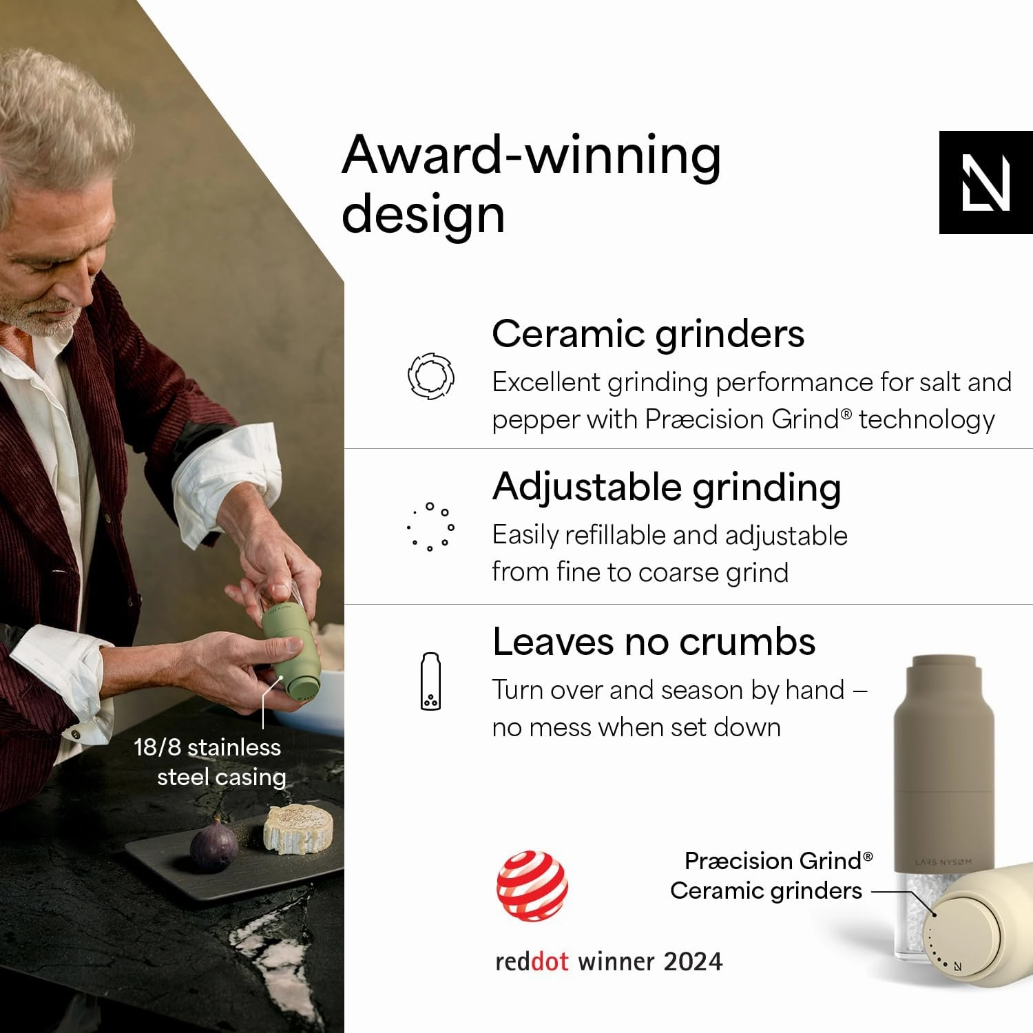 LARS NYSØM Salt and Pepper Grinder Set Stainless Steel with Adjustable Grinder I Bottle Design Spice Mills Set Manual (Brown/Beige)