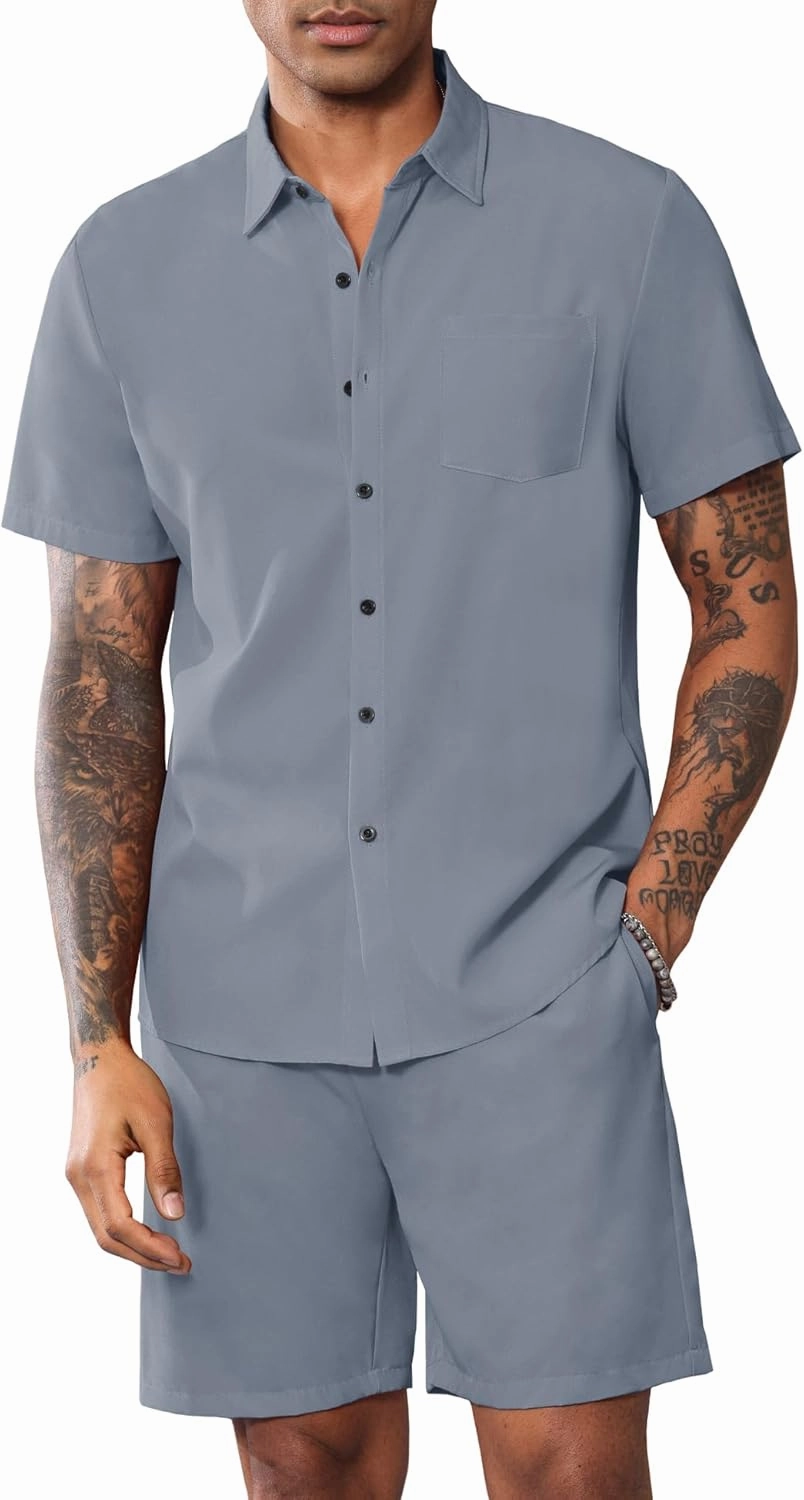 LecGee Men Summer Casual Short Sets Solid Short Sleeve Pocket Button Down Shirt Elastic Shorts 2 Piece Outfits Tracksuit