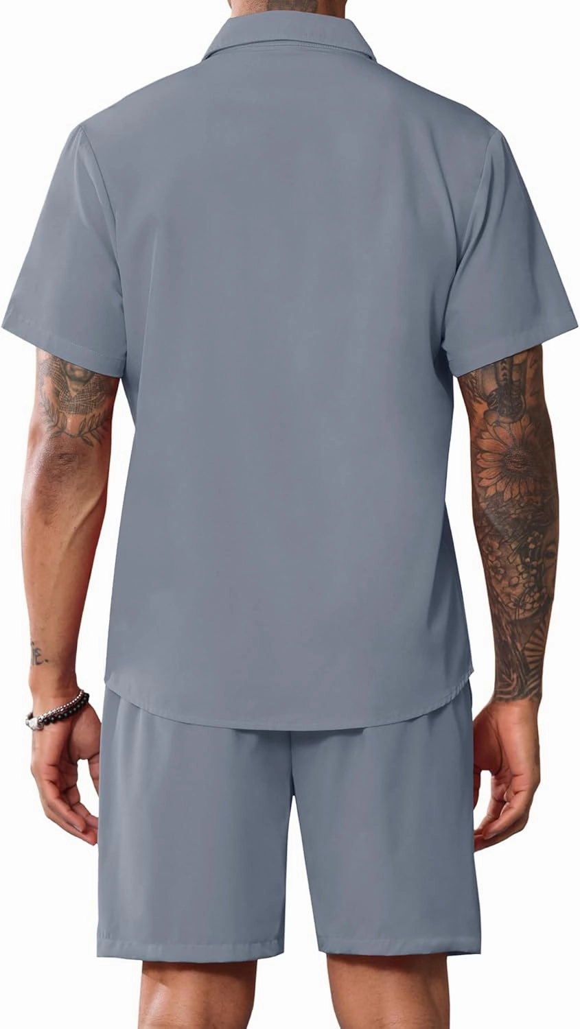 LecGee Men Summer Casual Short Sets Solid Short Sleeve Pocket Button Down Shirt Elastic Shorts 2 Piece Outfits Tracksuit