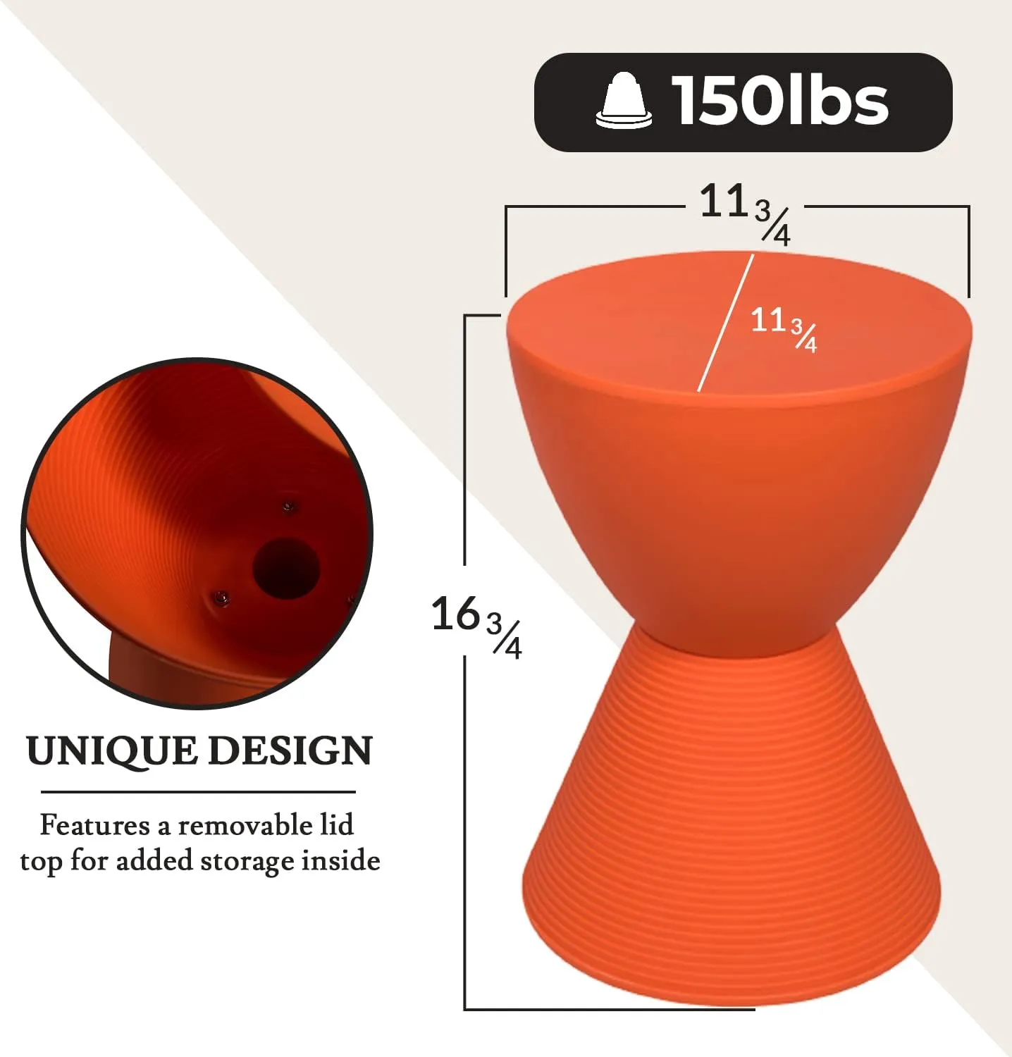 LeisureMod Side Modern ABS Shell Ribbed Hourglass End Compact Accent Drum Table with Removable Lid for Storage Indoor and Outdoor Use H W D Boyd Series in Orange, 11.75 in x 11.75 in x 16.75