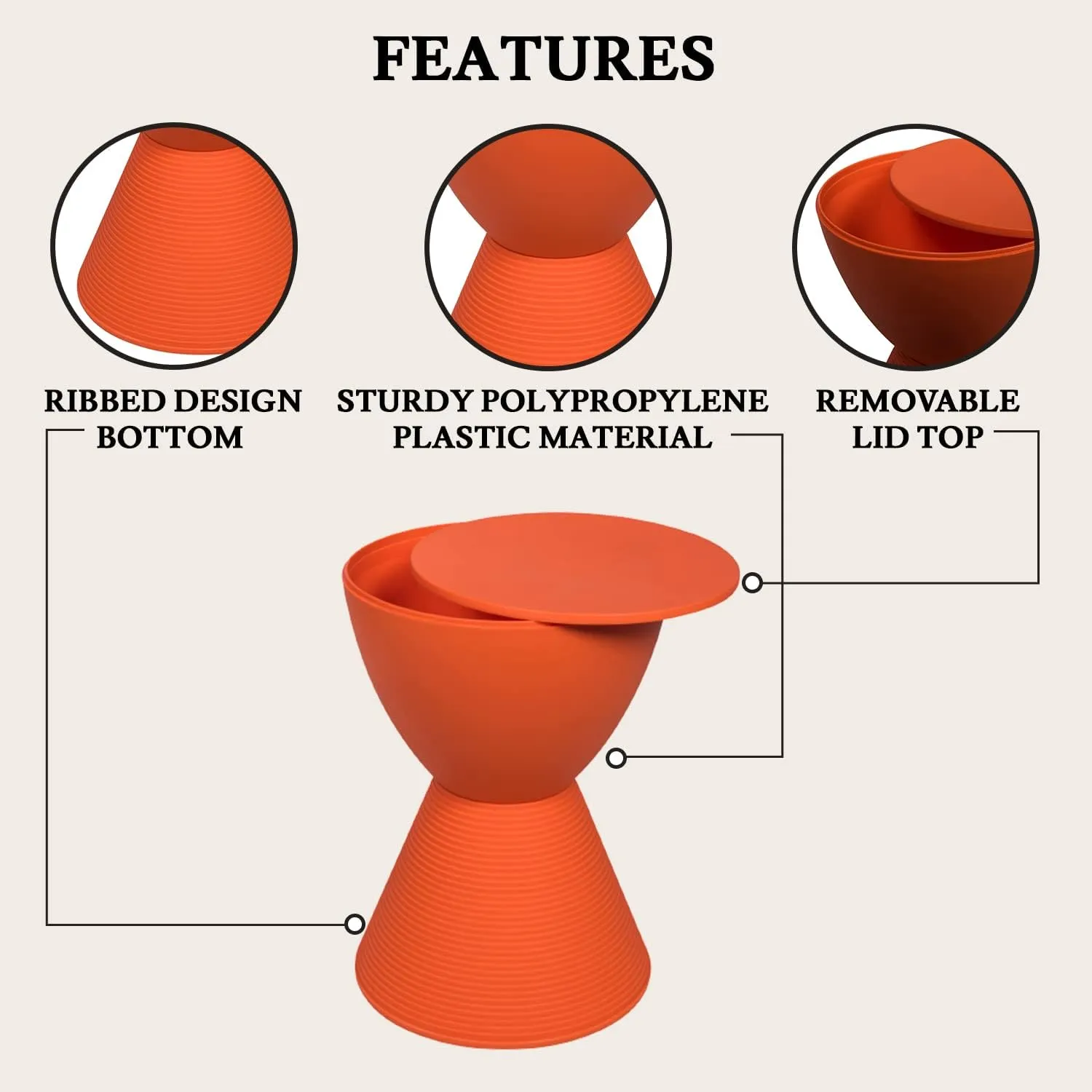 LeisureMod Side Modern ABS Shell Ribbed Hourglass End Compact Accent Drum Table with Removable Lid for Storage Indoor and Outdoor Use H W D Boyd Series in Orange, 11.75 in x 11.75 in x 16.75