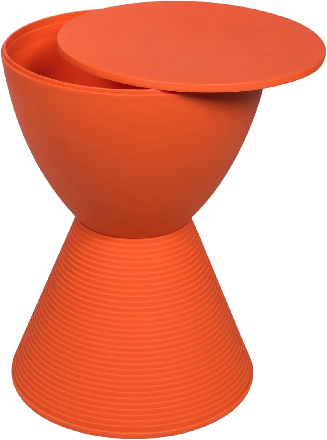 LeisureMod Side Modern ABS Shell Ribbed Hourglass End Compact Accent Drum Table with Removable Lid for Storage Indoor and Outdoor Use H W D Boyd Series in Orange, 11.75 in x 11.75 in x 16.75