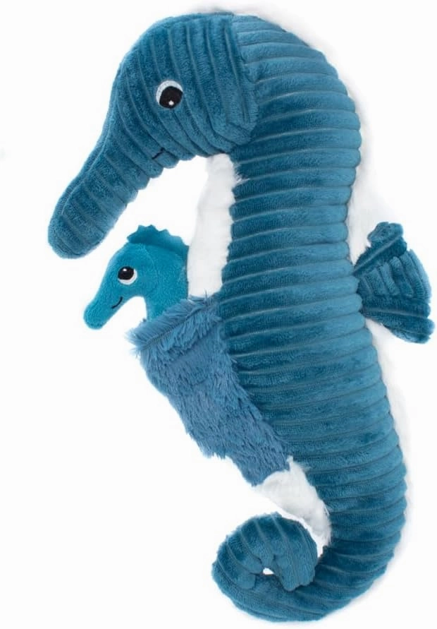 Les Deglingos Ptipotos Seahorse Dad and Baby Plush Corduroy Toy, Blue