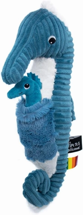 Les Deglingos Ptipotos Seahorse Dad and Baby Plush Corduroy Toy, Blue