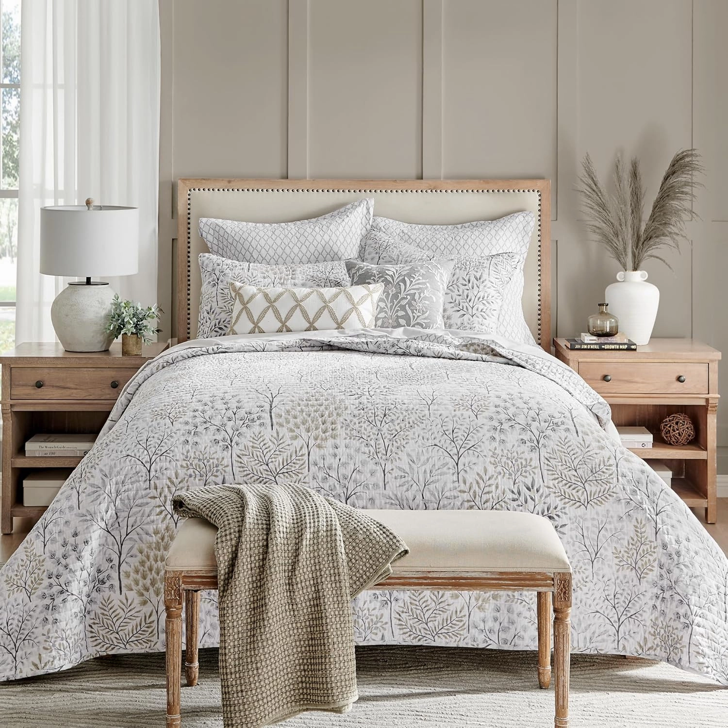 Levtex Home - English Forest Quilt Set - Full/Queen Quilt (88x92in.) and Two Standard Shams (20x26in.) - Leaves - Grey, Green, Charcoal, Off-White - Reversible - Cotton