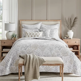 Levtex Home - English Forest Quilt Set - Full/Queen Quilt (88x92in.) and Two Standard Shams (20x26in.) - Leaves - Grey, Green, Charcoal, Off-White - Reversible - Cotton