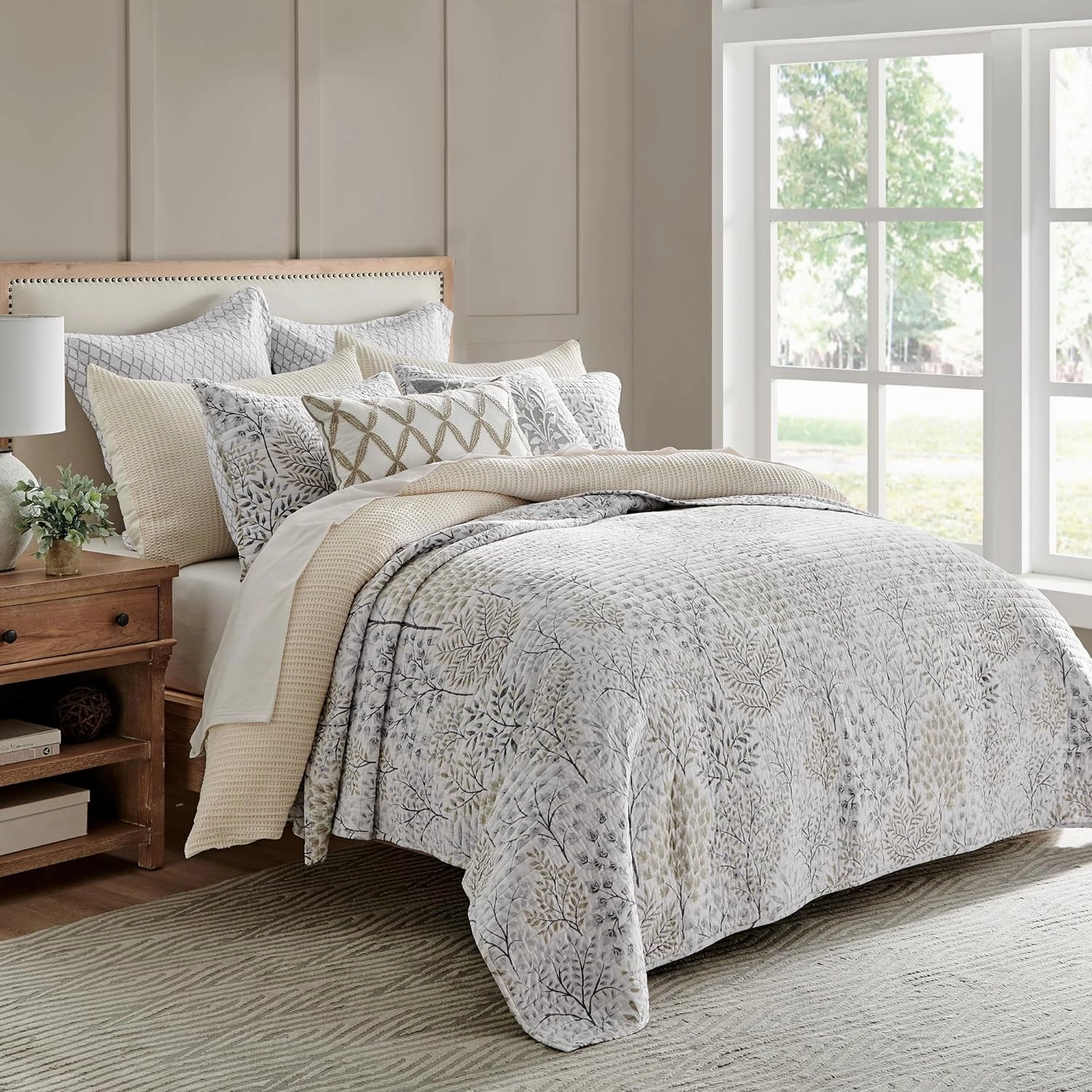 Levtex Home - English Forest Quilt Set - Full/Queen Quilt (88x92in.) and Two Standard Shams (20x26in.) - Leaves - Grey, Green, Charcoal, Off-White - Reversible - Cotton