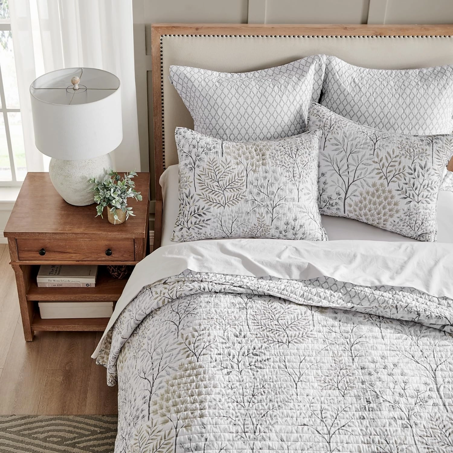 Levtex Home - English Forest Quilt Set - Full/Queen Quilt (88x92in.) and Two Standard Shams (20x26in.) - Leaves - Grey, Green, Charcoal, Off-White - Reversible - Cotton