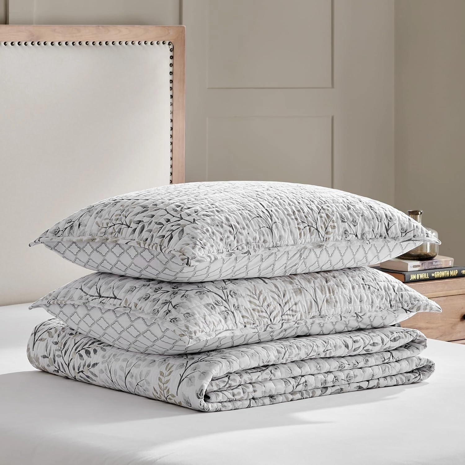 Levtex Home - English Forest Quilt Set - Full/Queen Quilt (88x92in.) and Two Standard Shams (20x26in.) - Leaves - Grey, Green, Charcoal, Off-White - Reversible - Cotton