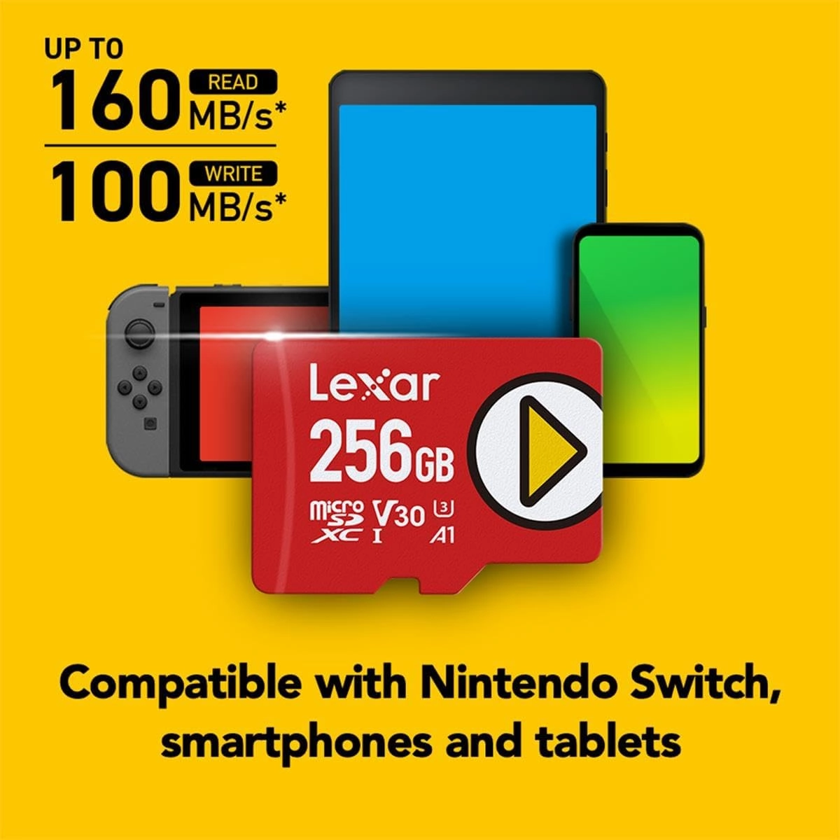 Lexar 256GB PLAY microSD Card, UHS-I, C10, U3, V30, A1, Full HD, 4K, Up To 160/100 MB/s microSDXC Memory Card, Expanded Storage for Nintendo Switch, Gaming, Smartphones, Tablets (LMSPLAY256G-BNNNU)