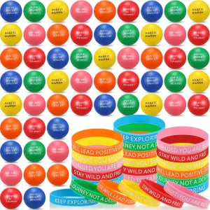 Leyndo 120 Pcs Motivational Stress Balls and Inspirational Silicone Bracelets Set, 60 Foam Inspirational Relief Balls 60 Quote Rubber Wristbands for Carnival Reward Gift Motivational Party Favor