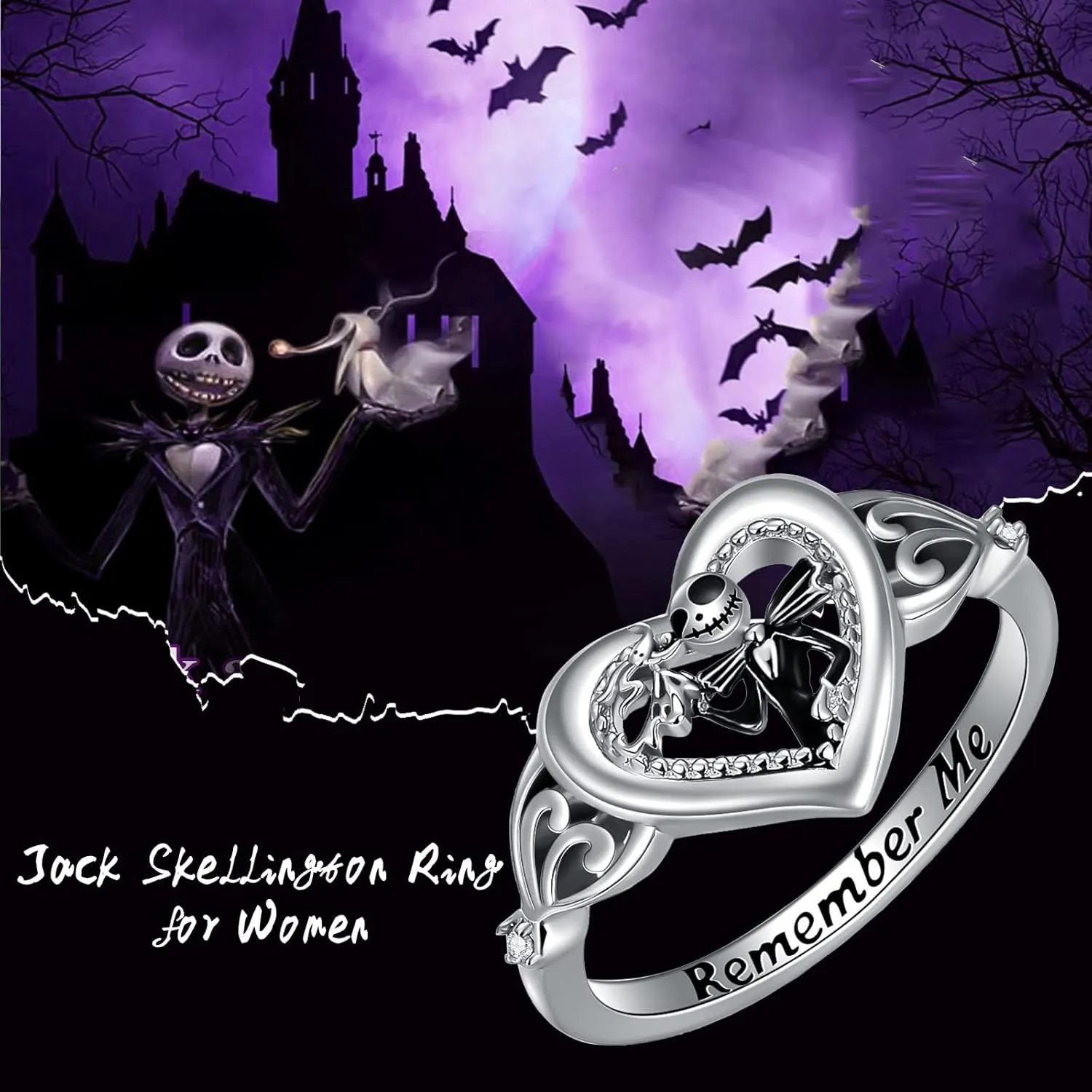 LILALO Jack Skellington Rings 925 Sterling Silver Jack and Zero Rings Nightmare Rings Nightmare Jack Gifts Skull Rings Remember Me Heart Rings Fashion Jewelry for Women, Birthday Gift for Women Wife Girlfriend Mom Daughter