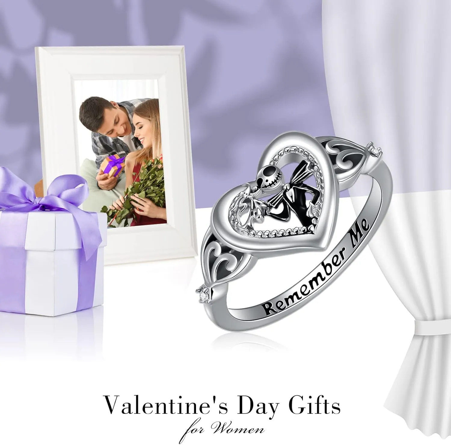 LILALO Jack Skellington Rings 925 Sterling Silver Jack and Zero Rings Nightmare Rings Nightmare Jack Gifts Skull Rings Remember Me Heart Rings Fashion Jewelry for Women, Birthday Gift for Women Wife Girlfriend Mom Daughter