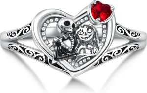 LILALO Sterling Silver Nightmare Rings for Women Jack and Sally Heart Ring with Red Zircon Jack Skellington Skull Jewelry Christmas Gifts for Women