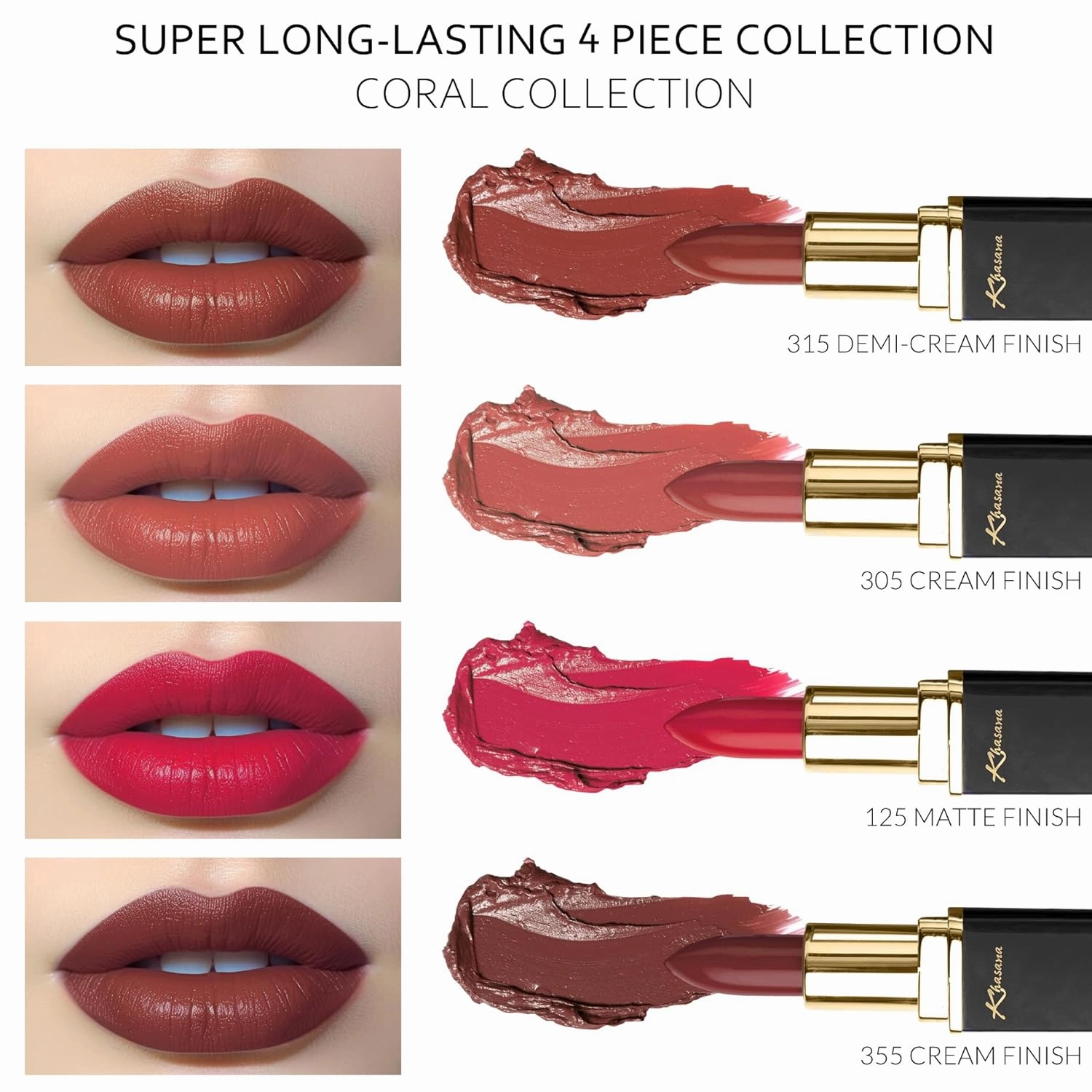 Lipstick Set. Long Lasting Gift Set. Moisturizing Formula, Infused with Vitamin E and Vitamin C. Multi Finish Lip Makeup Cream Gloss & Matte. Pack of 4. Coral Collection