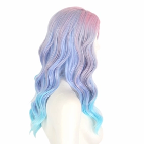 Long Rainbow Wavy Womens Wig Pastel Ocean Wave Long Curly Waving Heat Resistant Hair Wigs for Womens Lady Girls Cosplay Halloween Party Anime Daily (Ombre Blue Pink)