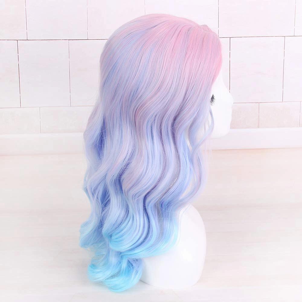 Long Rainbow Wavy Womens Wig Pastel Ocean Wave Long Curly Waving Heat Resistant Hair Wigs for Womens Lady Girls Cosplay Halloween Party Anime Daily (Ombre Blue Pink)