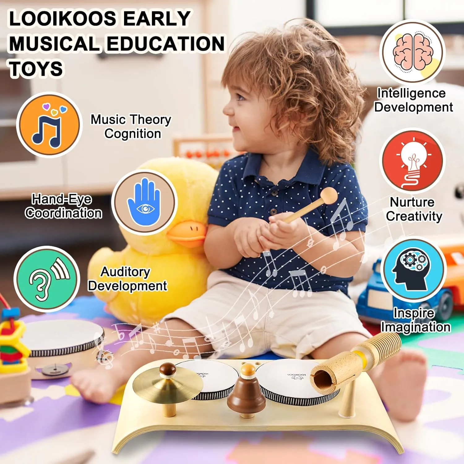 LOOIKOOS Kids Drum Set for Toddlers All in One Montessori Wooden Musical Instruments Set,Preschool Educational Baby Sensory Musical Toys for Kids Ages 1-6