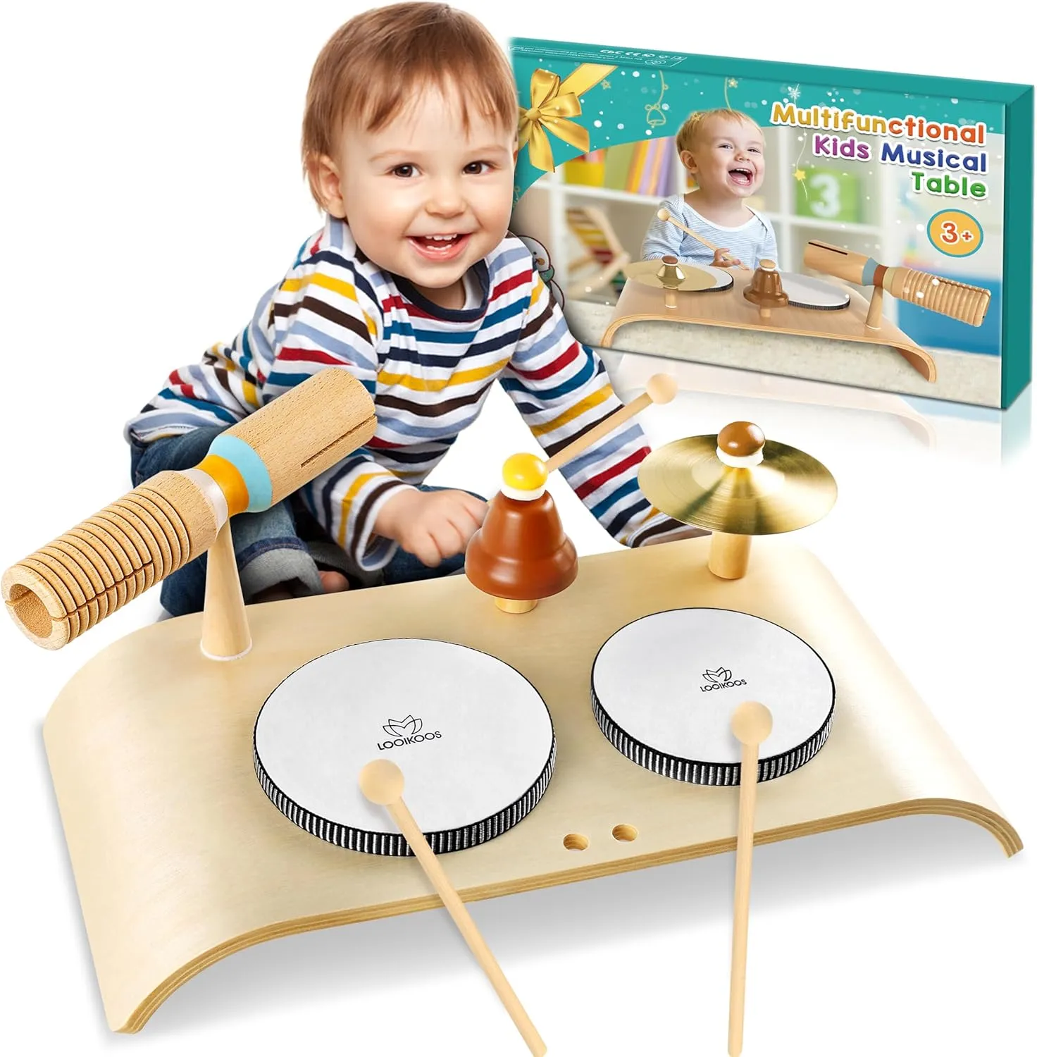 LOOIKOOS Kids Drum Set for Toddlers All in One Montessori Wooden Musical Instruments Set,Preschool Educational Baby Sensory Musical Toys for Kids Ages 1-6