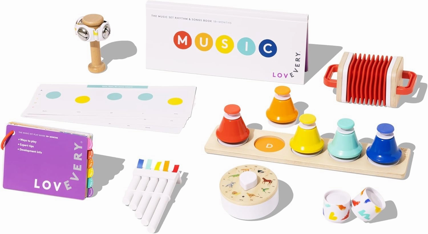 Lovevery | The Music Set | 6 Musical Instruments and Rhythm & Songs Book, Preschool Education and Montessori Early Learning Musical Toy, Ages 18 Months to 4  Years