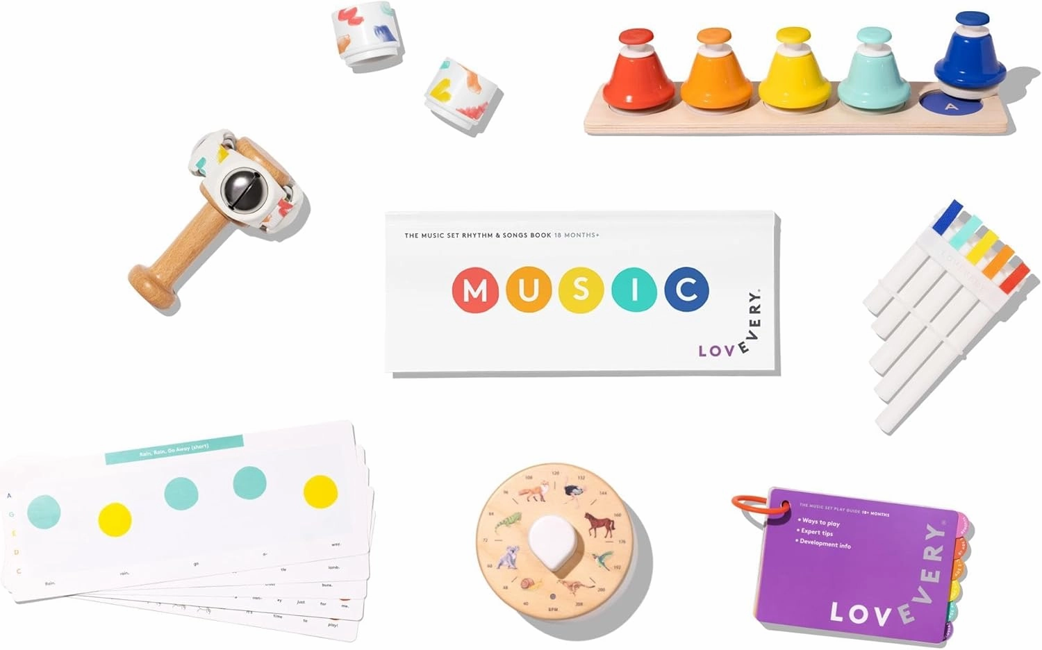 Lovevery | The Music Set | 6 Musical Instruments and Rhythm & Songs Book, Preschool Education and Montessori Early Learning Musical Toy, Ages 18 Months to 4  Years