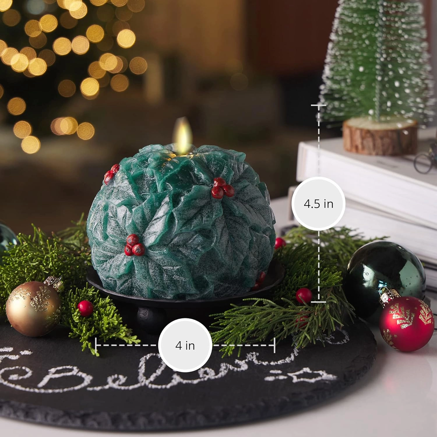 Luminara - Flameless Holiday Crystal Beads Glitter Sphere Candle - Chalky Green - Pack of 1-4x4.25 - Auto Timer Built-in 5-Hour Timer Indoor Use