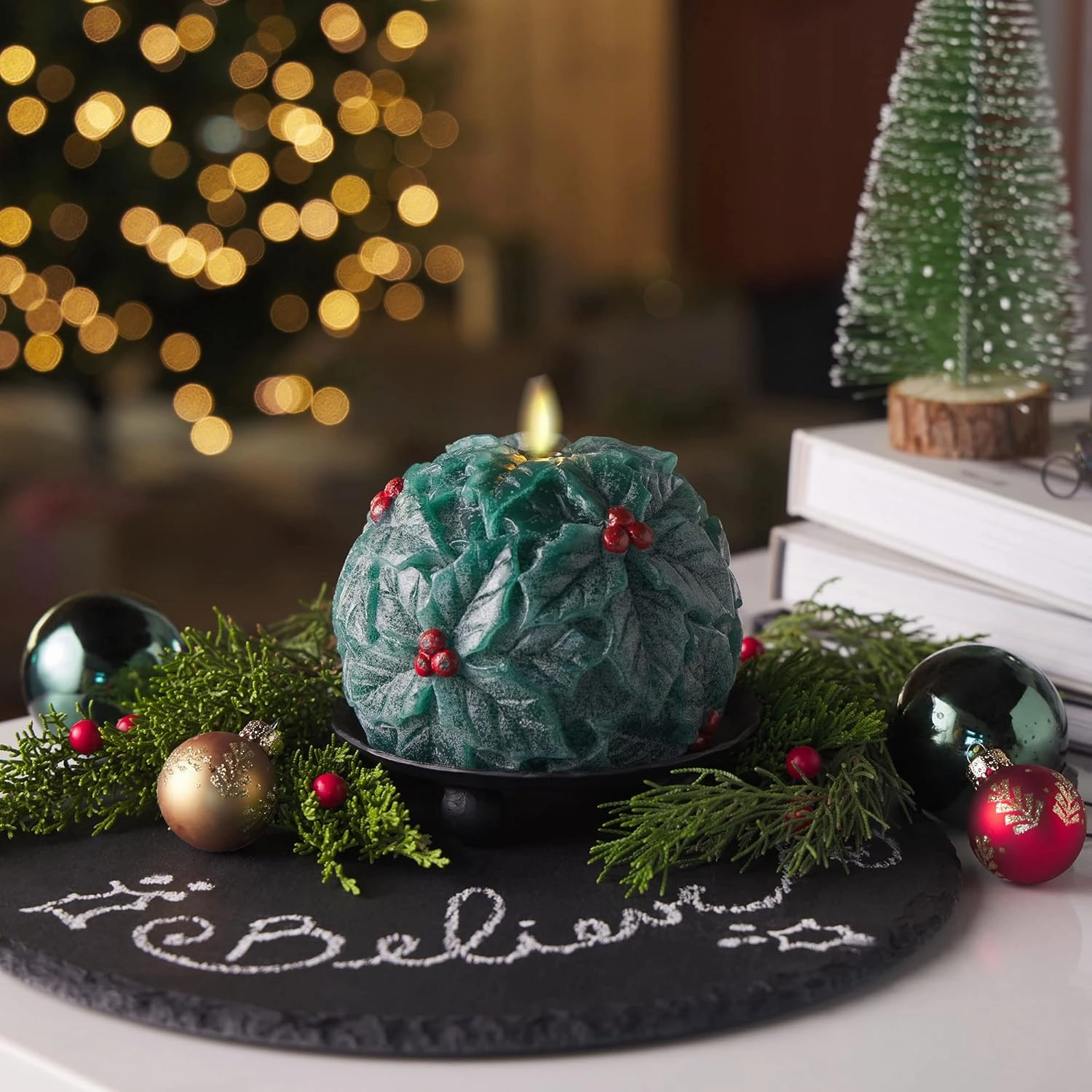 Luminara - Flameless Holiday Crystal Beads Glitter Sphere Candle - Chalky Green - Pack of 1-4x4.25 - Auto Timer Built-in 5-Hour Timer Indoor Use