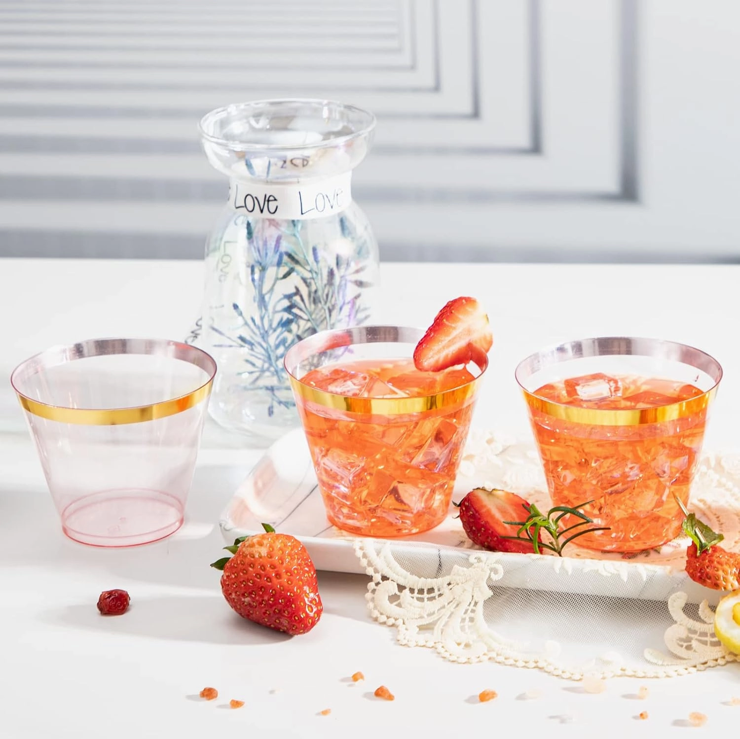 LUODA 150 PCS Pink Plastic Cups,9 oz Clear Disposable Cups with Gold rim, Old Fashioned Tumblers Gold Rimmed Plastic Cups for Party Decorations and Wedding