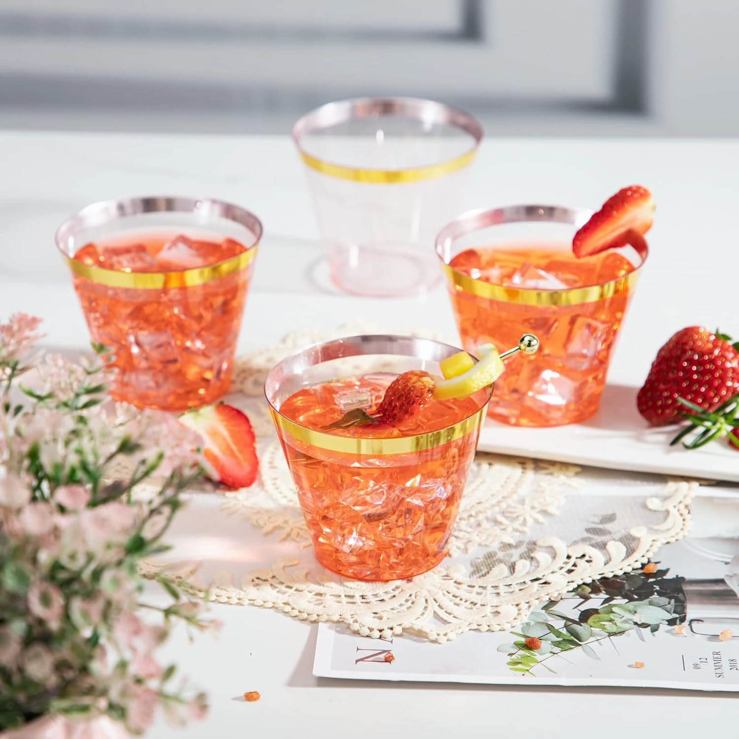 LUODA 150 PCS Pink Plastic Cups,9 oz Clear Disposable Cups with Gold rim, Old Fashioned Tumblers Gold Rimmed Plastic Cups for Party Decorations and Wedding