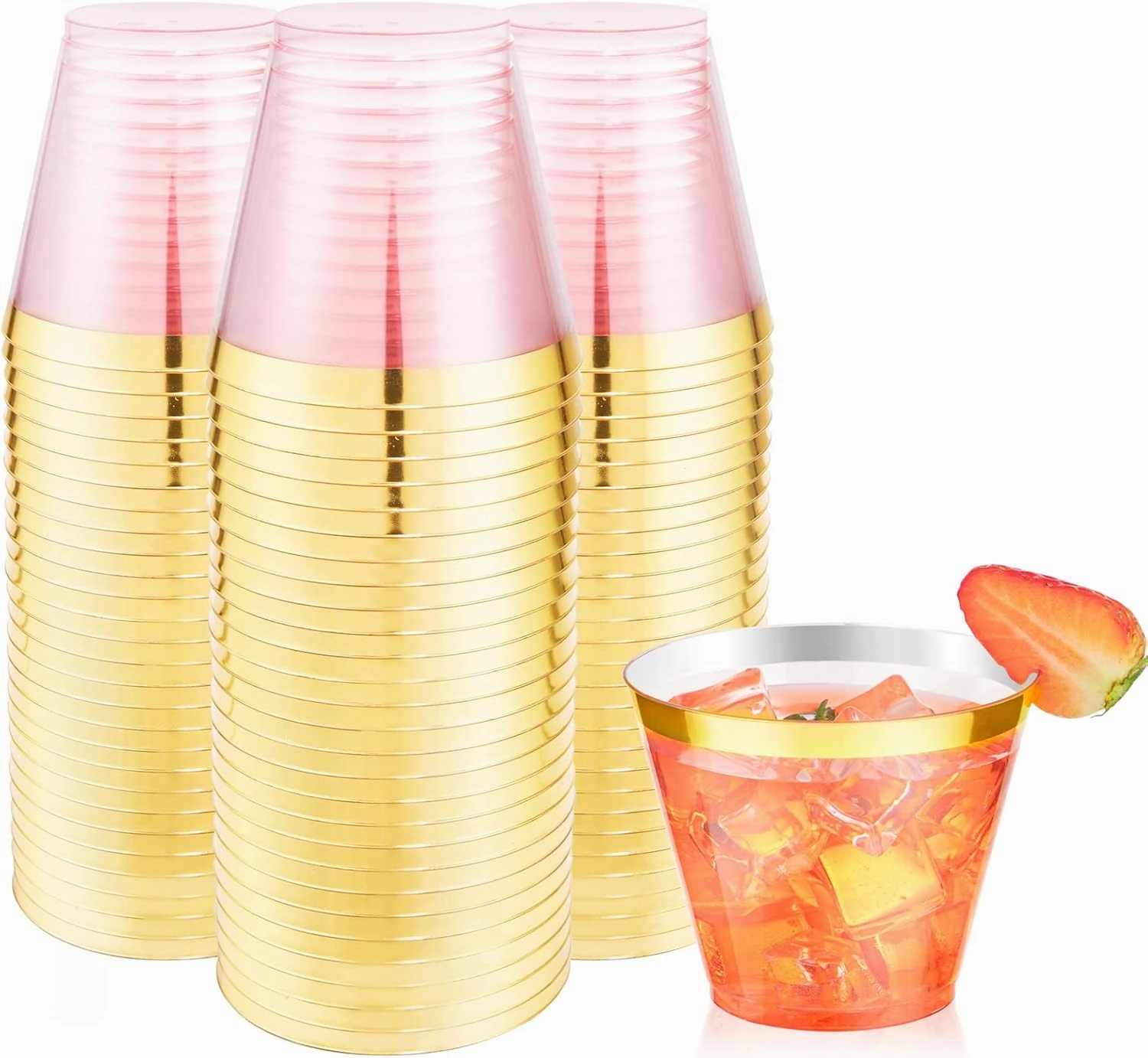 LUODA 150 PCS Pink Plastic Cups,9 oz Clear Disposable Cups with Gold rim, Old Fashioned Tumblers Gold Rimmed Plastic Cups for Party Decorations and Wedding