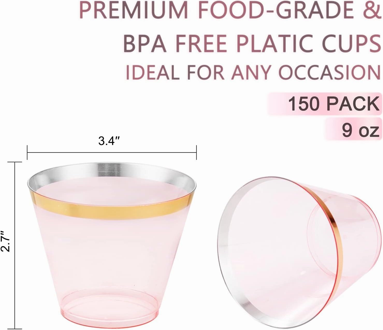 LUODA 150 PCS Pink Plastic Cups,9 oz Clear Disposable Cups with Gold rim, Old Fashioned Tumblers Gold Rimmed Plastic Cups for Party Decorations and Wedding