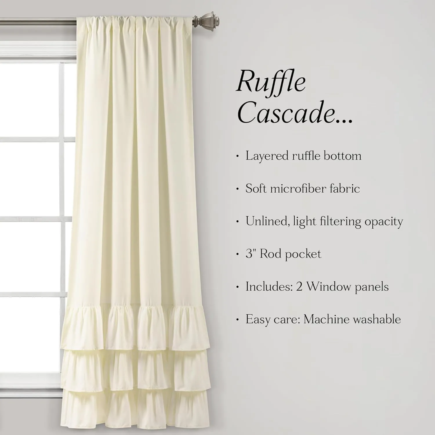 Lush Decor Allison Ruffle Window Curtain Panel Pair, 63" L x 40" W, Ivory